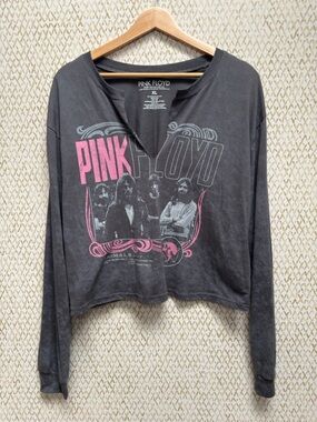 Pink Floyd Cropped Long Sleeve Band Tee Washed Black Pink Graphic Grunge Y2K XL